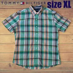 00s US古着 TOMMY HILFIGER 半袖 チェックシャツ XL 緑系