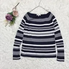 グローバルワーク カシミヤ混 長袖セーター リブニット スクエアネック 濃紺 白