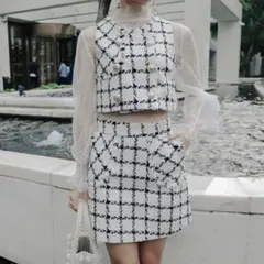 ツイード セットアップ チェック ブラック ホワイト 白 黒 キャバドレス
