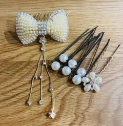 リボン型ヘアコームとヘアピンセット　フォーマル セレモニー ウェディング