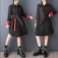 大きいサイズ 新品 春秋 モード シャツ ワンピース チュニック レッド　赤l