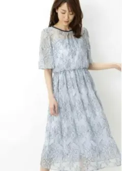 NATURAL BEAUTY BASICレースワンピース　ブルー×ブラック S