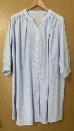 ストライプ　七分袖　ロングシャツ　ブラウス　チュニック　水色　白