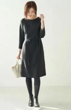 【新品】ROPE' PICNIC　ストレッチ9分袖ワンピース　黒　サイズ36