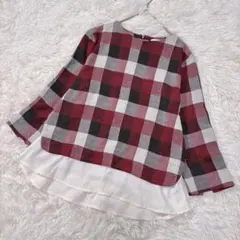 【a.v.v アーヴェヴェ】レイヤード風✨チェック柄カットソー S 赤 茶