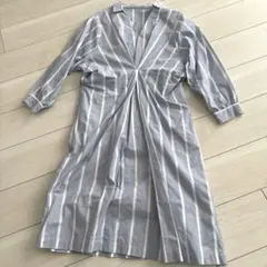 アダムエロペ　ストライプ Vネック 長袖シャツワンピース Fサイズ