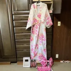 花柄浴衣　ピンク系　リボン帯　下駄 3点セット