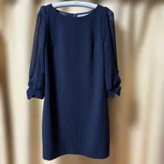 ネイビー ストライプ シースルー袖 ワンピース
