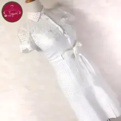 レトロ ワンピース 刺繍 切り抜き ダブルポケット クリアボタン フリル古着 白