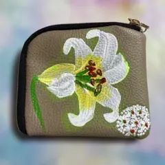 革風コインケース　トールペイント　手書き　カサブランカ　ベージュ　綺麗　小銭入れ