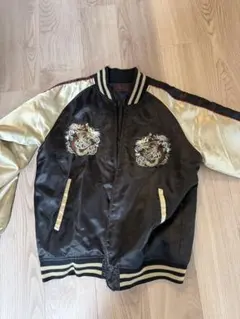 刺繍スカジャン 黒/金 green edge - スカジャン 黒と金 サテン 刺繍 イエスキリスト