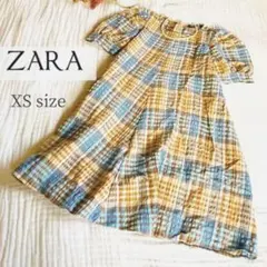 ZARA チェック柄バルーンスリーブワンピース ブラウン 水色 秋色