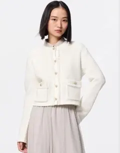 GU フリンジダブルポケットニットジャケットZ オフホワイト　S