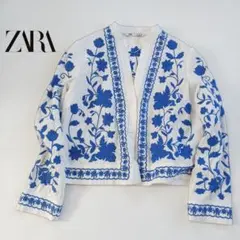 ZARA　ザラ　総柄刺繍入りブラウス　羽織　フロントボタン　コットンリネン　綿麻