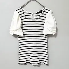 ◉INGNI　ボーダーリボン袖　リブニット　Uネックビジュー付き　M　白　レース