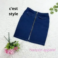 c'est style ジップアップ　デニム　ミニ　タイトスカート　ネイビー　L