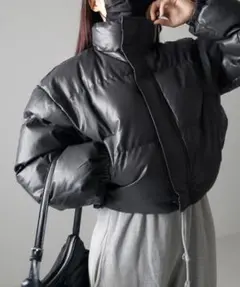 me+em select♡フェイクレザーダウンジャケット チャコールのサムネイル