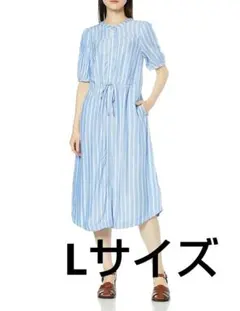 新品 ミディ丈 ウエストシェイプ Aラインワンピース ストライプ 五分袖 Lのサムネイル