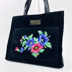 フェイラー　花柄刺繍 トートバッグ ハンドバッグ　ブラック　ロゴ