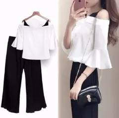 【早い者勝】お得なオフショルダーブラウス＋ガウチョパンツ　M　a319a
