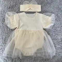 【新品】アイボリー ワンピース風ロンパース & ヘアバンド セット　80cm
