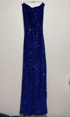 スパンコール青ロングドレス　キャミロングドレス　タイトシルエット　パーティー