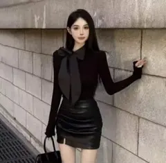 【最終お値下げ】リボン付きブラックニットトップス ワンホン 韓国