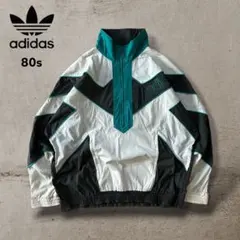 希少80sアディダスハーフジップナイロンジャケットトレフォイルロゴ刺繍好配色古着