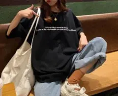 Tシャツ 黒 ビッグシルエット バックプリント 英字 韓国 オーバーサイズ 夏