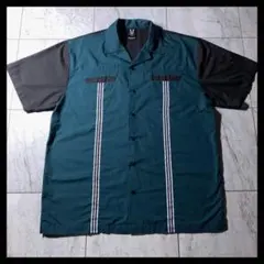 90s 00s Hilton オープンカラー ボーリングシャツ 無地 緑 黒 Lのサムネイル