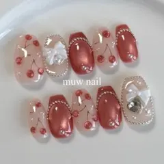 no.12 さくらんぼ　ネイルチップ　ガーリー　マグネット　赤ピンク　チェーン