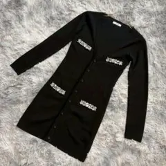 【デイライルノアール】（F）ビジュー&パール付き ロングニットカーディガン