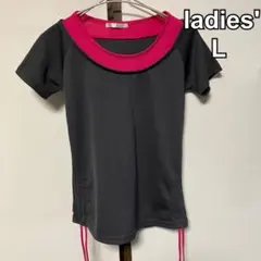 レディース スポーツTシャツ トレーニングウェア ヨガ　フィットネス黒ピンク L