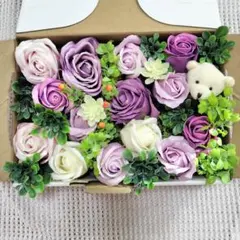 ソープフラワー まとめ売り バラ14本＋くま付き ハンドメイド素材 紫 ピンク系