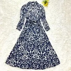 ZARA 総柄ロングシャツワンピース　Aライン　ベルト付　Sサイズ　ネイビー