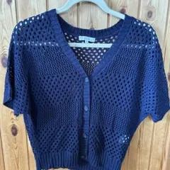 ネイビー メッシュカーディガン 透かし編み　春　夏　ボレロ