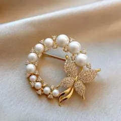 〇ブローチ バタフライ コサージュ パール　入学式 フォーマル ゴールド 卒業式