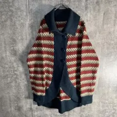ヴィンテージ風 幾何学柄 カーディガン L レトロカラー ニット 羽織 個性派