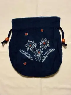 花柄刺繍 ネイビー 巾着袋