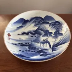 江戸時代後期 古伊万里 染付 二見ヶ浦 夫婦岩 帆船 大皿 尺皿 29.3cm