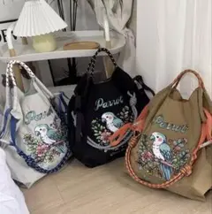 最終値下げ 刺繍オウムエコバッグ ベージュ M