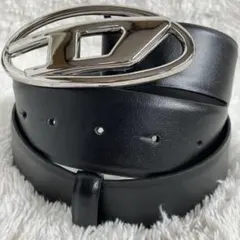極美品✨ディーゼル ベルトX10133 レザー　黒 オーバルD シルバー