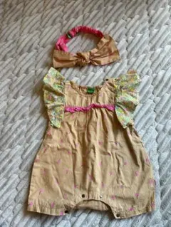 【美品】フリル袖 さくらんぼ柄ロンパース ヘアバンド付き