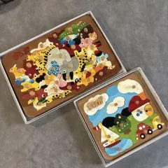 木製動物と風景パズル 2セット　箱あり