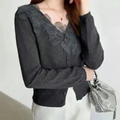 新品　襟レース　ニットカーディガン　グレー　レディース