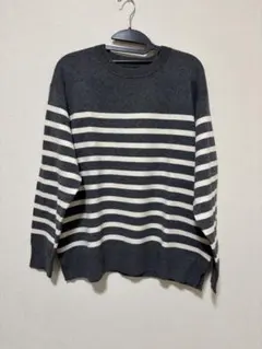 無印良品　洗えるミラノリブ編みクルーネックセーター　グレー×白ボーダー　X L