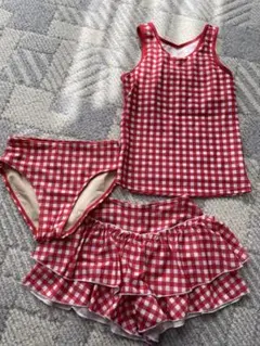 赤と白のチェック柄 水着3点セット XS 140cm