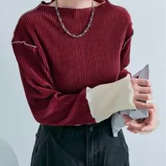 袖配色ボトルネックプリーツトップス ワインレッド M-L