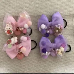 チュールリボンヘアアクセサリー　ヘアゴム　パープル　ピンク