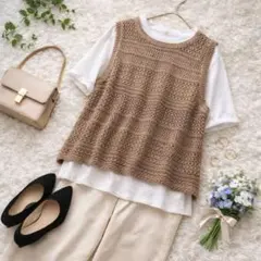 アメリカンホリック ꕤ 美品 透かし編みニットベスト ベージュ 重ね着 ゆったり